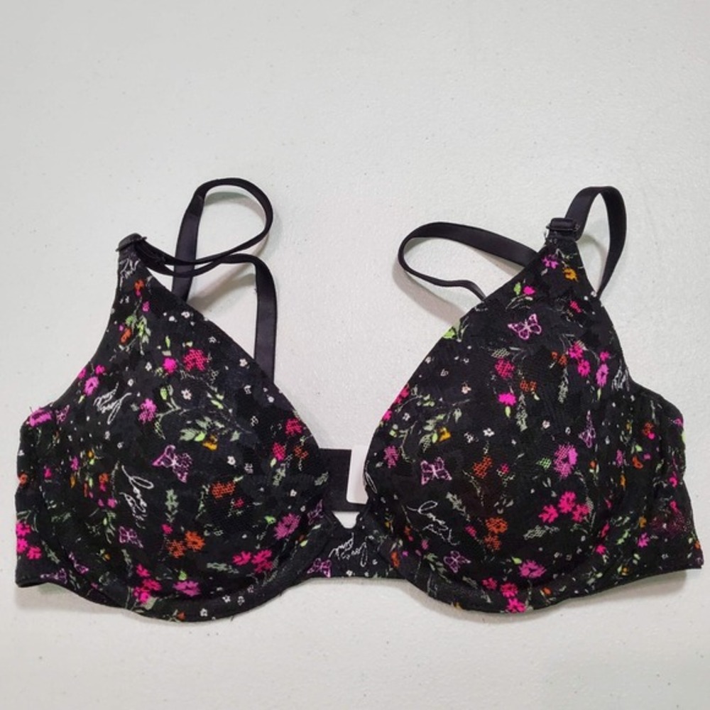 Victoria‎ Secret PINK Women Bra 32B Black Floral T Shirt Lightly Lined